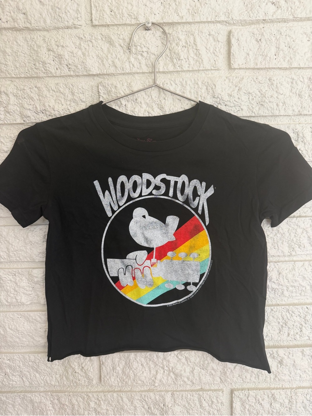Rowdy Sprout Black Woodstock Graphic Crop Tee with Rainbow Accent